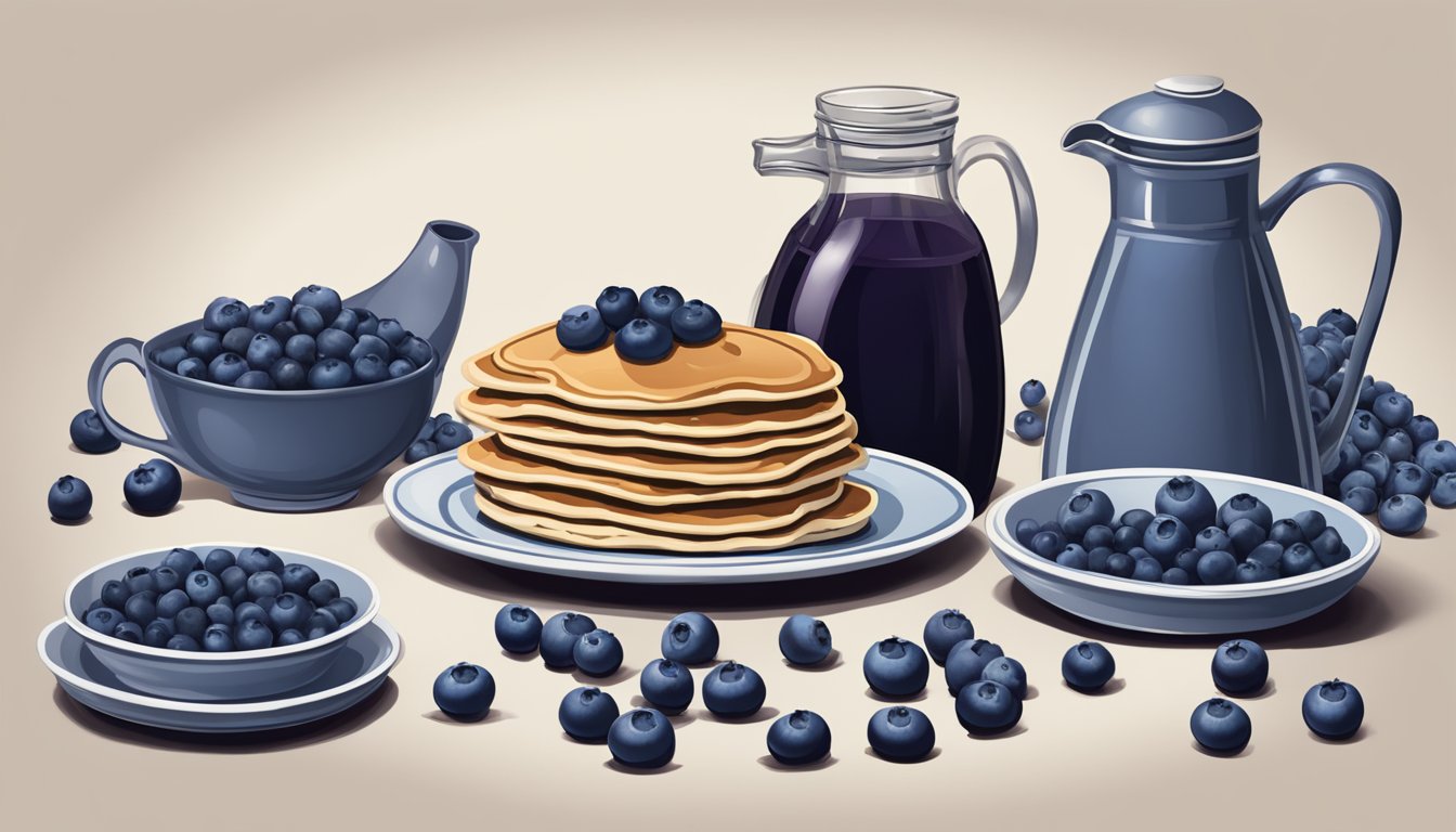 A rustic kitchen table set with a stack of wild blueberry pancakes, a pitcher of maple syrup, and a scattering of fresh blueberries