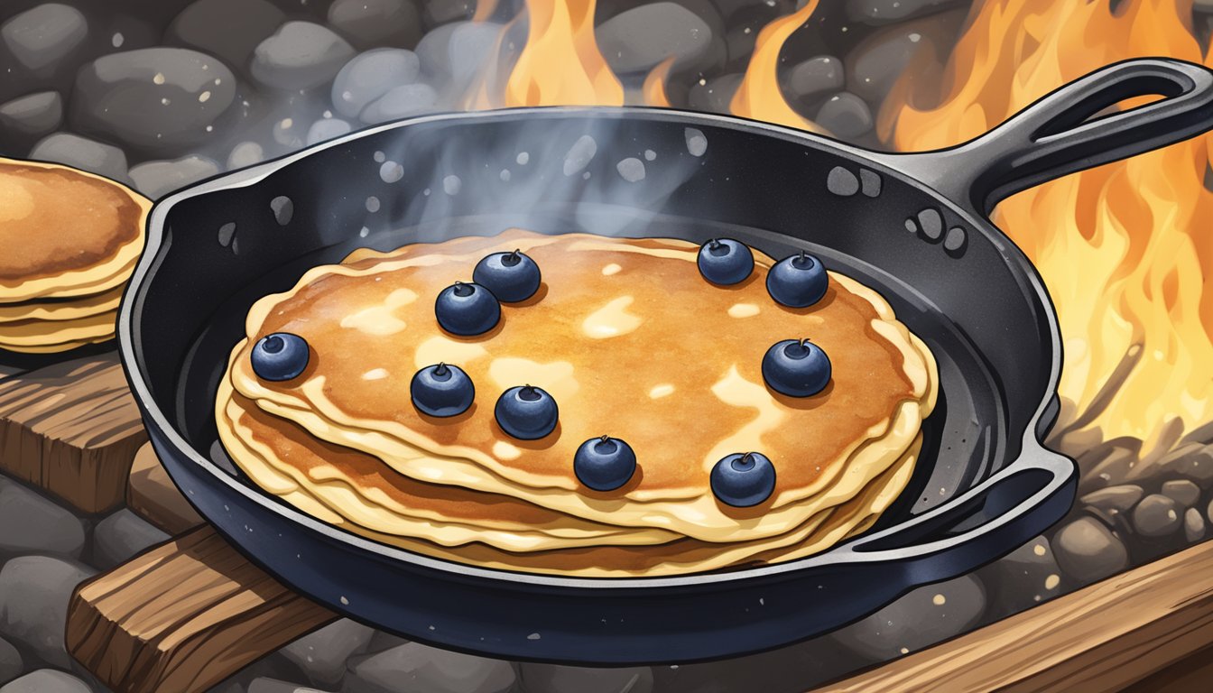 A cast iron skillet sizzling on a campfire, filled with golden brown Texas-style wild blueberry pancakes, topped with a dollop of melting butter and a drizzle of warm maple syrup