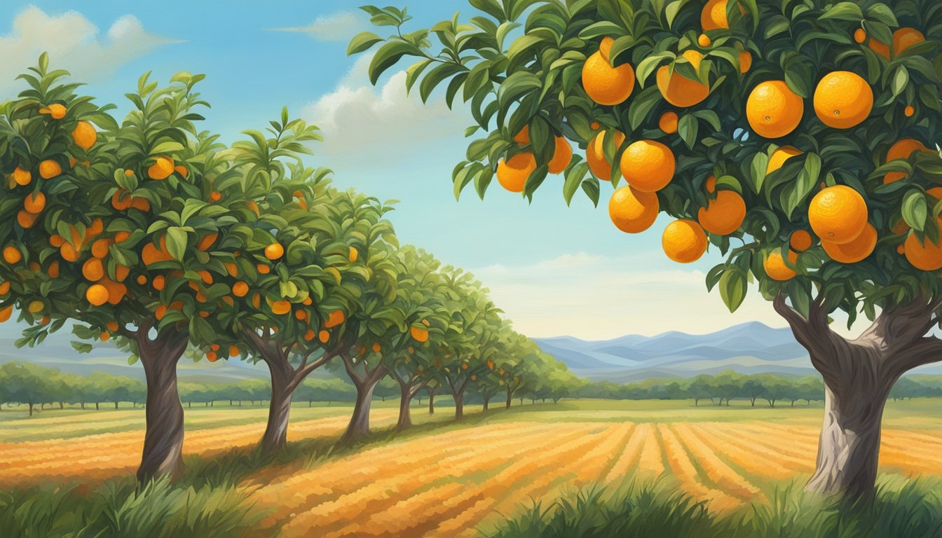 A lush Texas navel orange grove with ripe fruit hanging from the trees, set against a backdrop of rolling hills and a bright blue sky