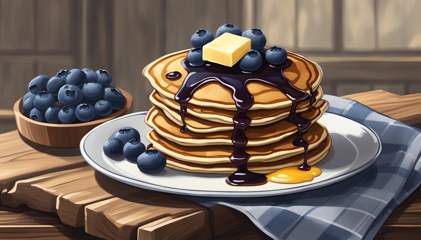 A stack of wild blueberry pancakes on a rustic wooden plate, topped with a dollop of butter and drizzled with warm Texas maple syrup