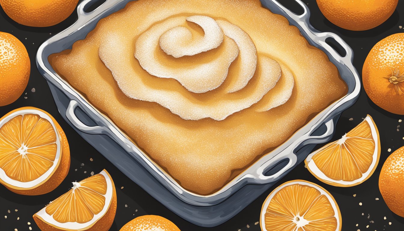 A vibrant Texas navel orange soufflé rising in a golden-brown baking dish, surrounded by scattered orange peels and a dusting of powdered sugar