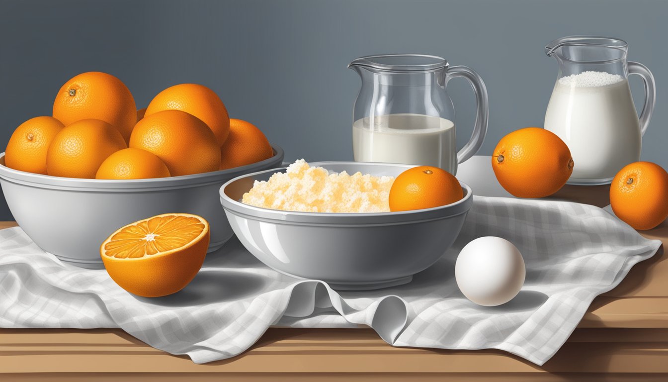 A table with fresh Texas navel oranges, eggs, sugar, and a mixing bowl