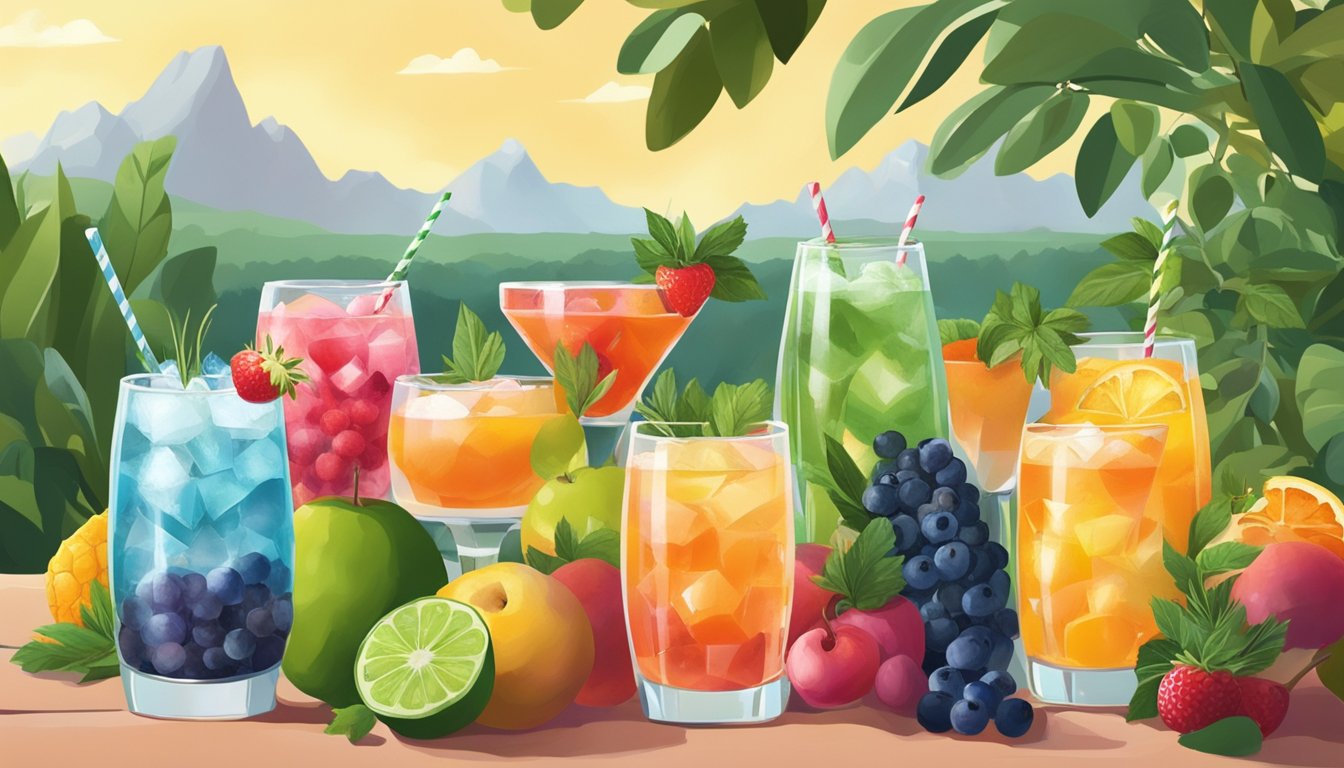 A colorful array of fresh fruits and herbs, surrounded by ice and cocktail shakers, set against a backdrop of a sunny Texan landscape