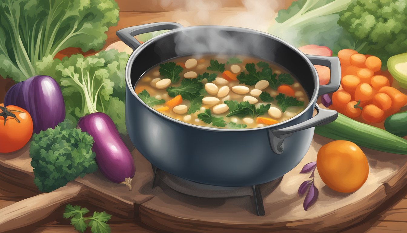 A steaming pot of Texas-style smoky white bean kale soup simmers on a rustic stovetop, surrounded by colorful vegetables and herbs