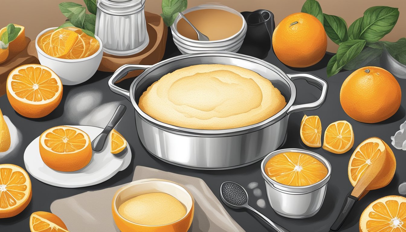 A kitchen counter with ingredients and utensils for baking a Texas navel orange soufflé