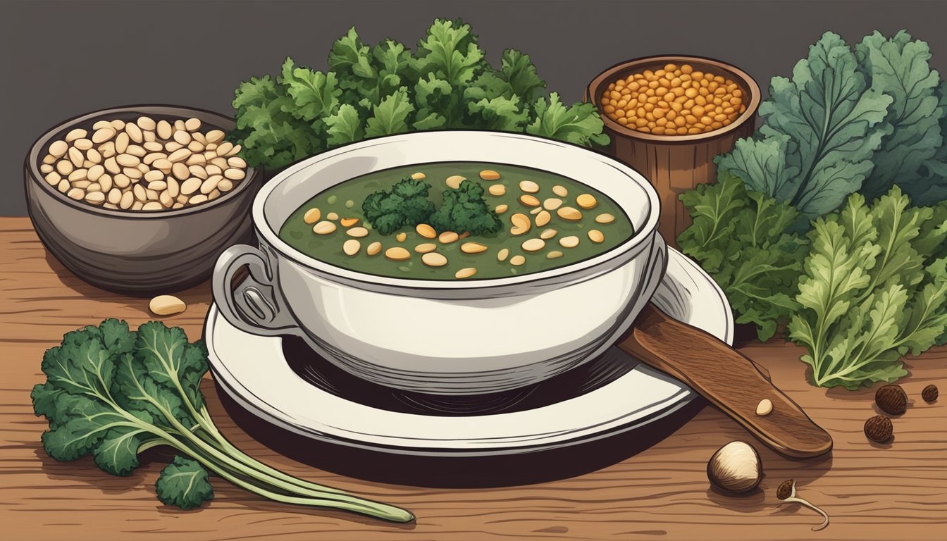 A rustic wooden table with a steaming bowl of smoky white bean kale soup, surrounded by ingredients like beans, kale, and spices