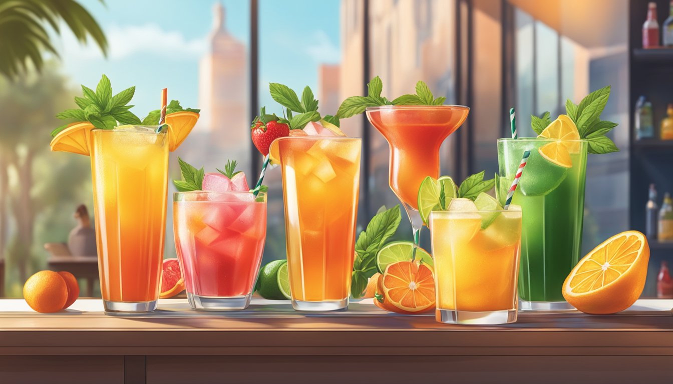 A colorful array of spicy and sweet cocktails, garnished with fresh fruits and herbs, sit on a sleek bar counter against a backdrop of a sunny Texan summer day