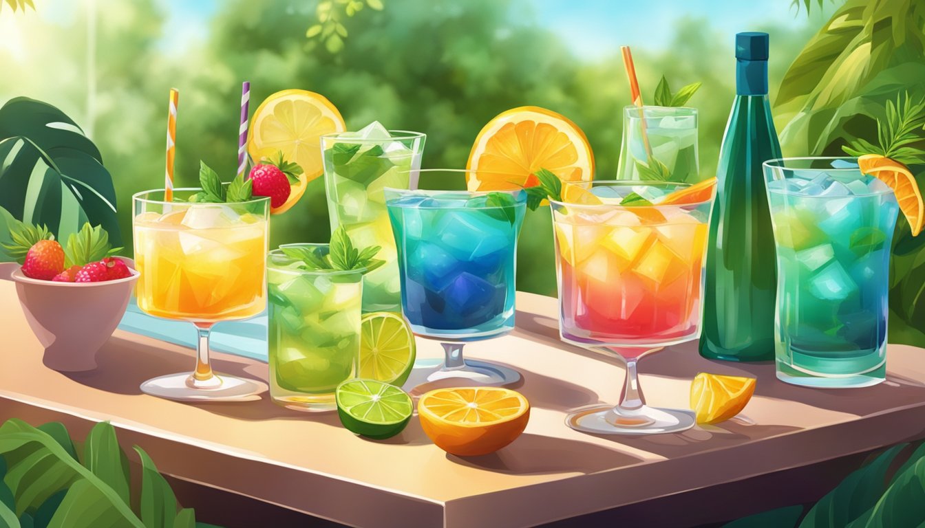 A table set with colorful cocktails, surrounded by lush greenery and bathed in warm sunlight