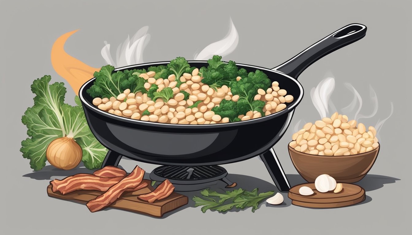 Chopped onions sizzle in a cast iron pot. A cloud of smoke rises as bacon is added. A heap of white beans and kale await