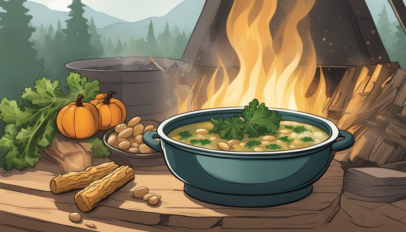 A bubbling pot of white bean kale soup simmering over a crackling fire, infused with the rich aroma of smoky Texas-style seasonings