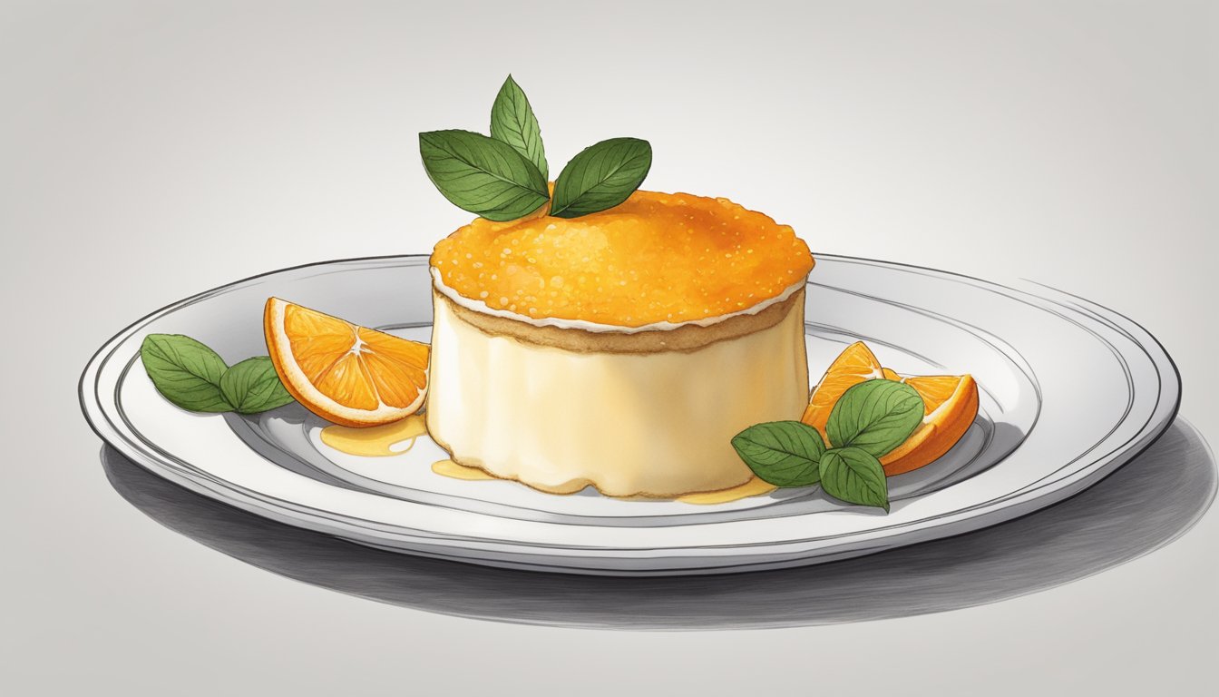 A beautifully plated Texas navel orange soufflé with garnishes on a white porcelain dessert plate