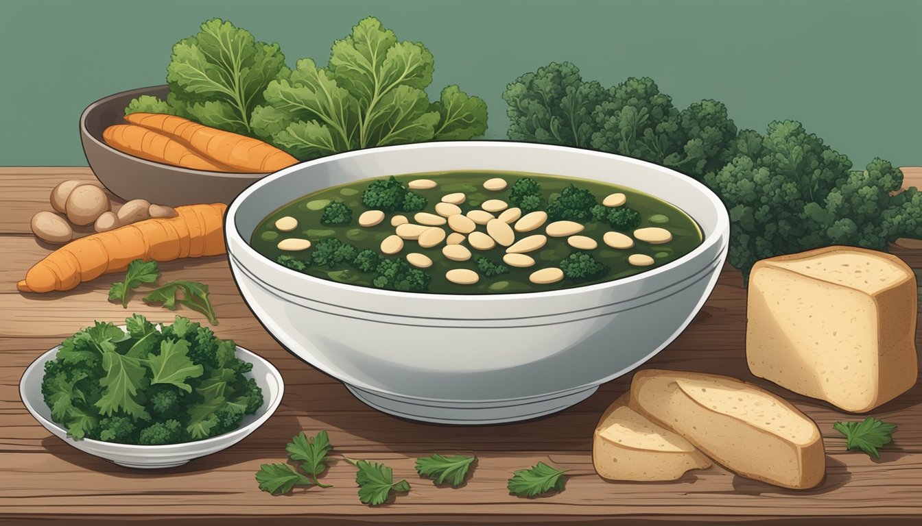 A rustic wooden table with a steaming bowl of smoky white bean kale soup surrounded by fresh ingredients like beans, kale, and herbs