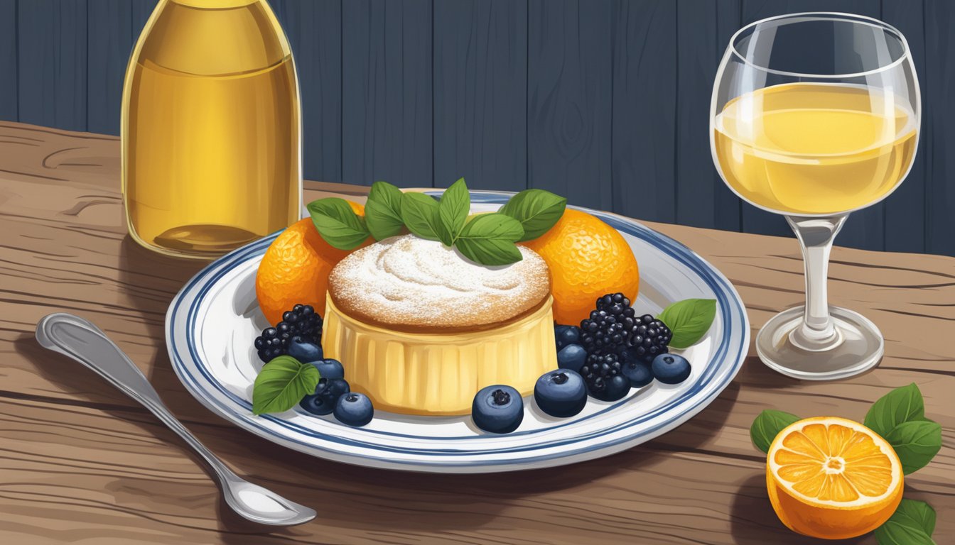 A beautifully plated Texas navel orange soufflé with a side of fresh berries and a glass of white wine on a rustic wooden table