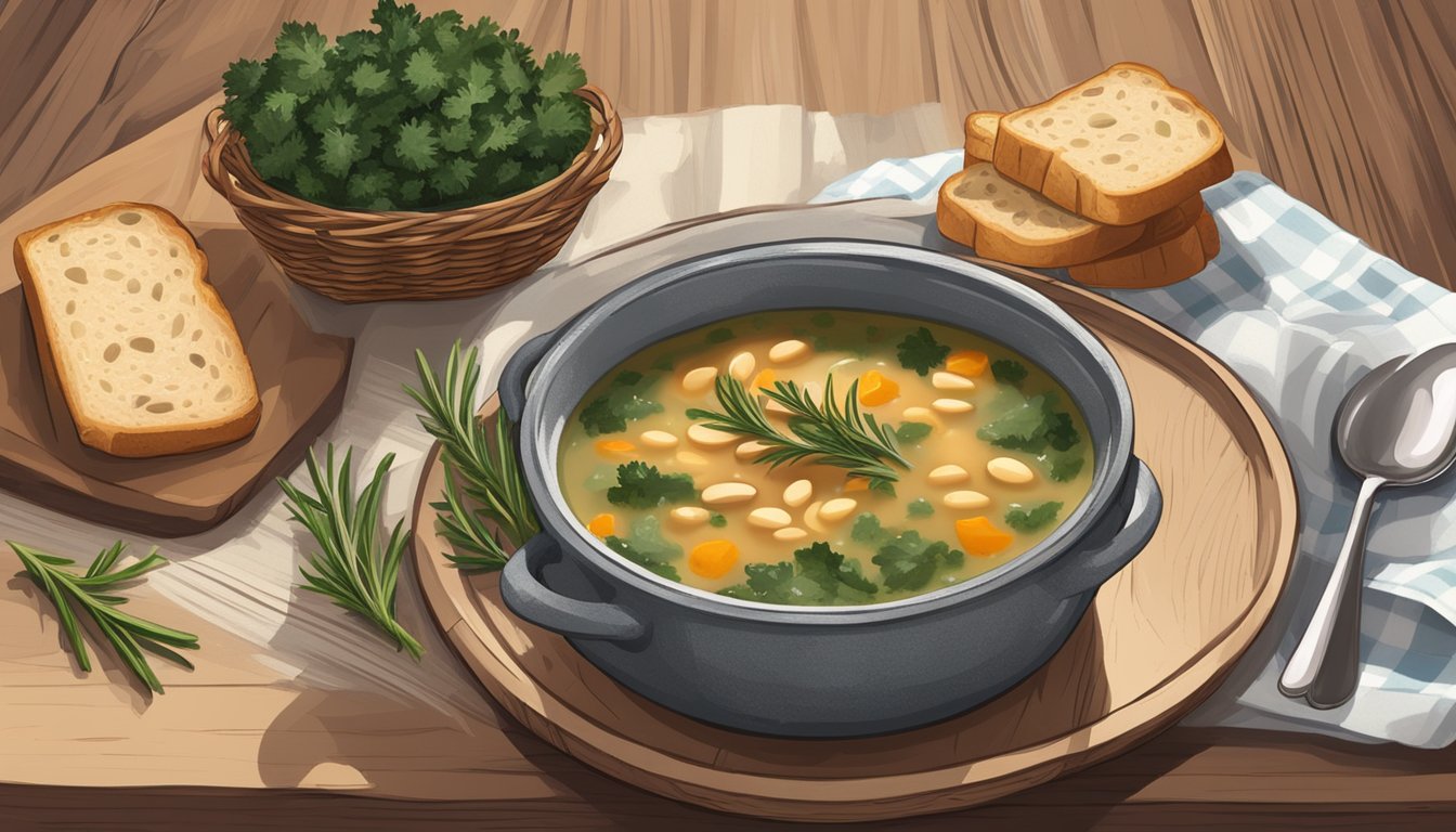 A rustic wooden table set with a steaming bowl of Texas-style smoky white bean kale soup, accompanied by a basket of crusty bread and a sprig of fresh rosemary