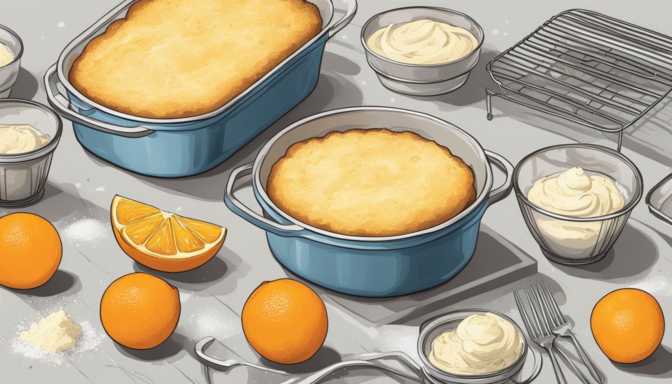 A kitchen counter with a freshly baked Texas navel orange soufflé cooling on a wire rack, surrounded by scattered ingredients and utensils