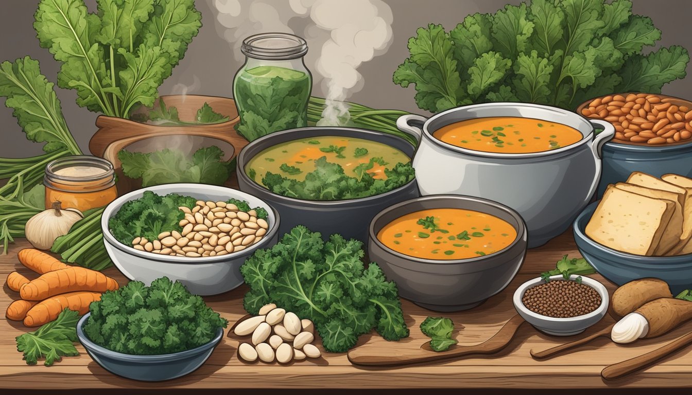 A rustic wooden table with a steaming bowl of smoky white bean kale soup, surrounded by fresh ingredients like beans, kale, and spices