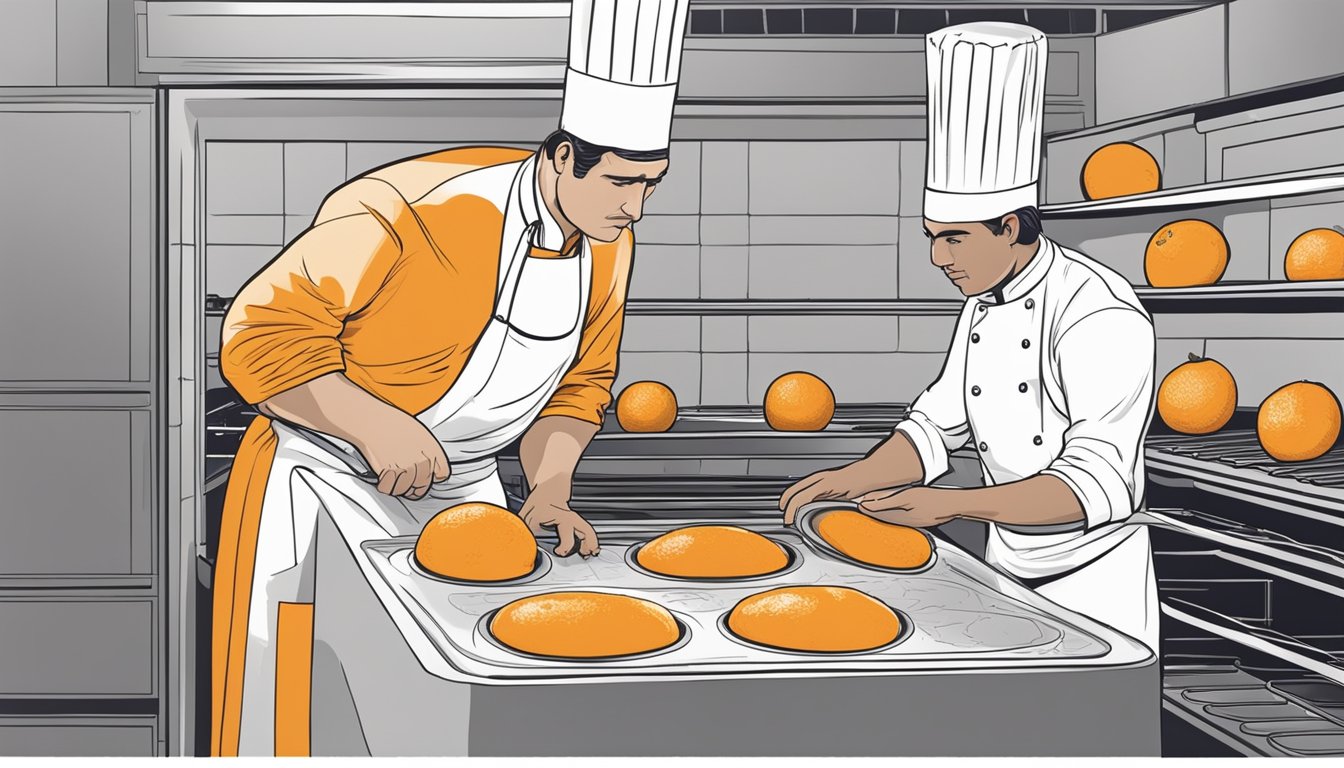 A Texas navel orange soufflé deflating in the oven, with a cracked top and a disappointed chef looking on