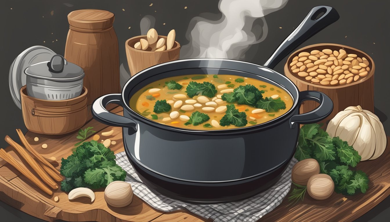 A rustic kitchen with a pot of smoky white bean kale soup on a stove, surrounded by ingredients and spices