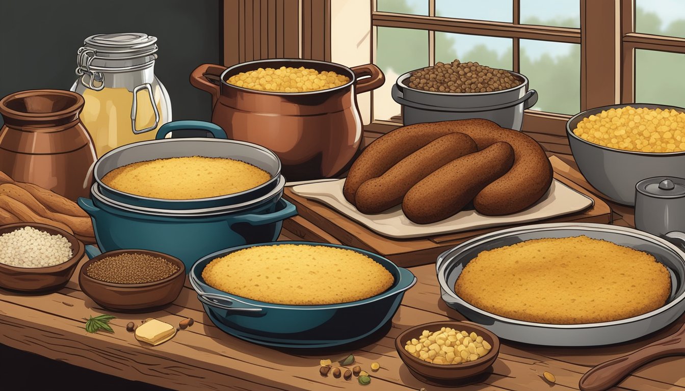 A rustic kitchen table set with vintage cookware, surrounded by ingredients like cornbread, sausage, and spices for traditional Texas stuffing recipes