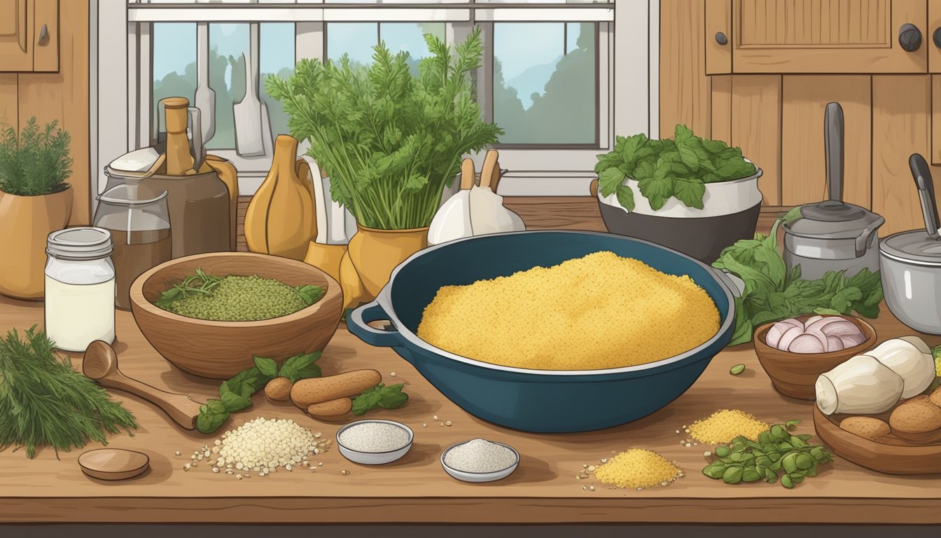 A rustic kitchen counter filled with ingredients for Texas stuffing: cornbread, sausage, onions, and herbs. A wooden spoon and mixing bowl sit ready for preparation