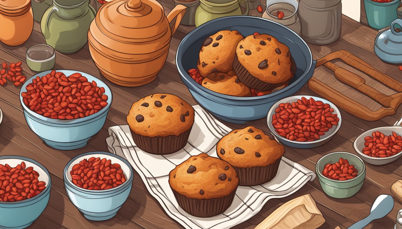 A rustic kitchen with a wooden table covered in freshly baked Texas-style goji berry muffins, surrounded by bowls of vibrant goji berries and other ingredients