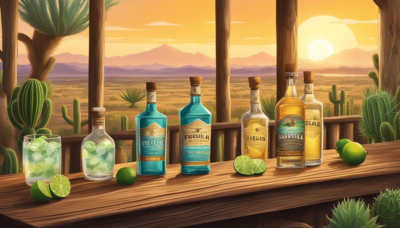 A rustic wooden bar with bottles of tequila, limes, and soda water, set against a backdrop of a Texas landscape with cacti and a sunset