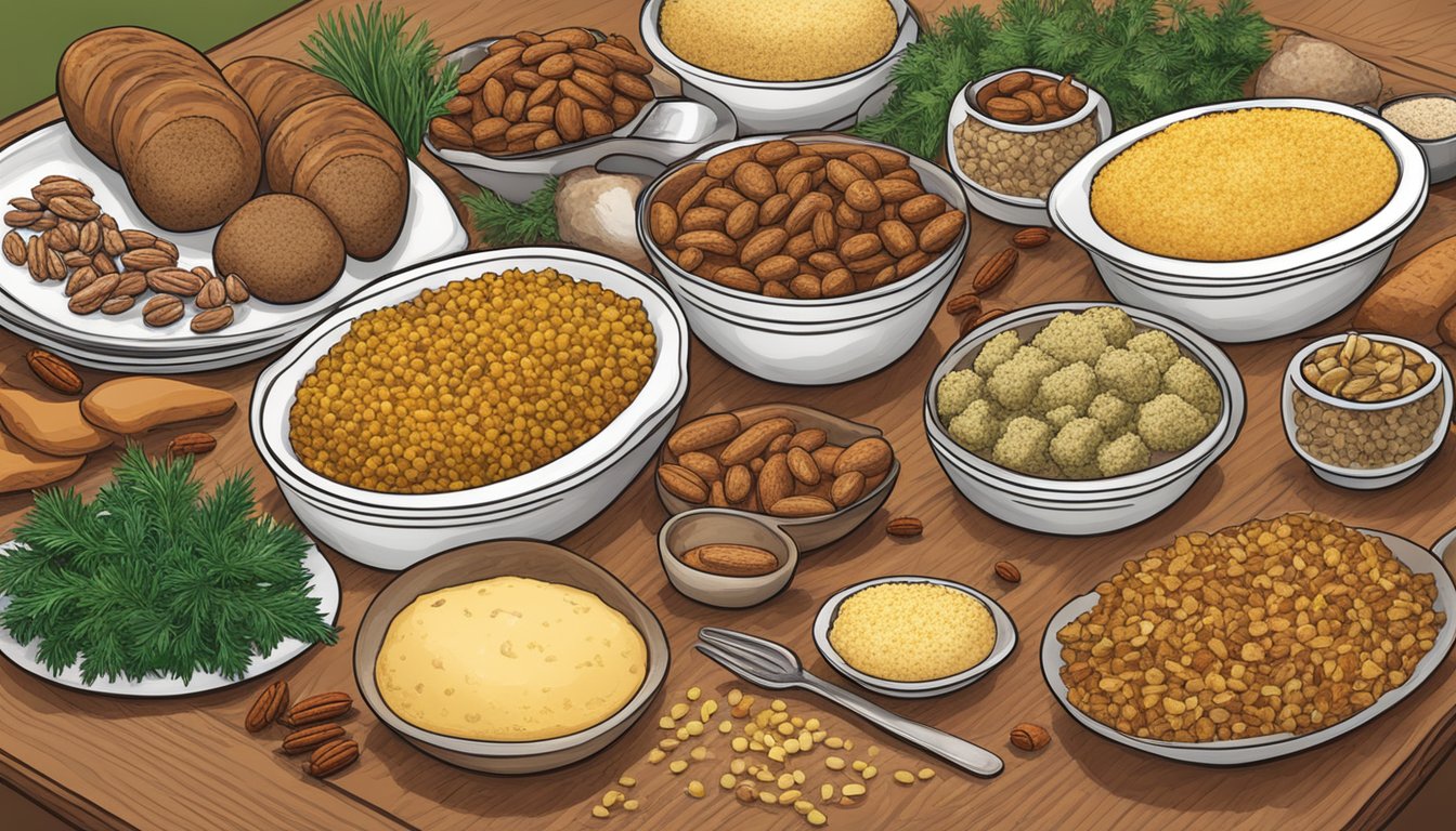 A table set with an array of traditional Texas stuffing ingredients, including cornbread, sausage, pecans, and various herbs and spices