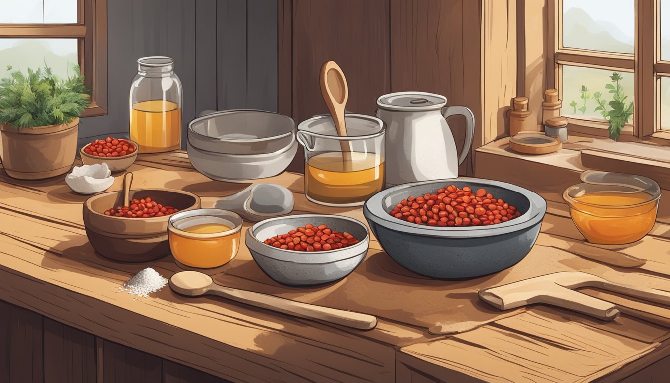 A rustic kitchen with a wooden table covered in ingredients such as goji berries, flour, and honey. A bowl and mixing utensils sit nearby