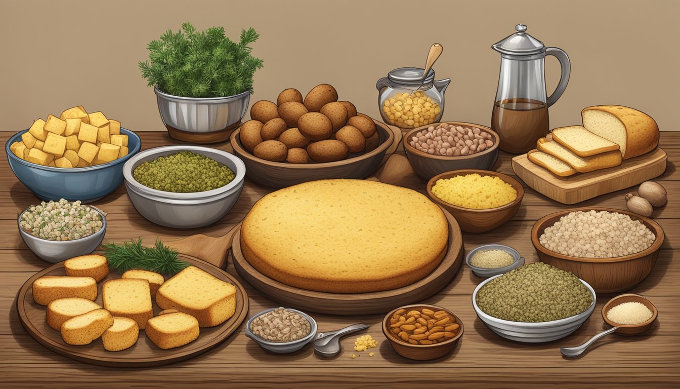 A rustic wooden table set with a variety of traditional Texas stuffing ingredients, including cornbread, sausage, and aromatic herbs