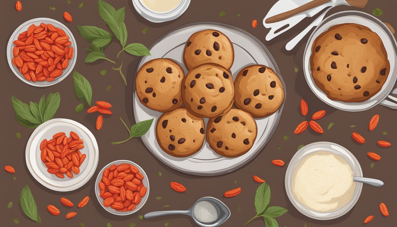 A rustic kitchen table with a plate of Texas-style goji berry muffins, surrounded by ingredients like goji berries, flour, and a mixing bowl