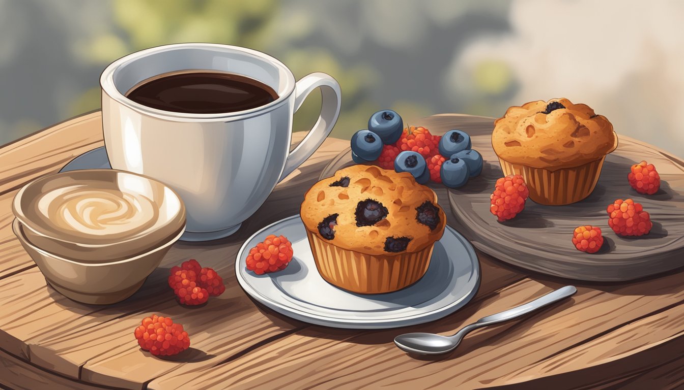 A rustic wooden table set with a plate of Texas-style goji berry muffins, alongside a pot of steaming coffee and a bowl of fresh berries