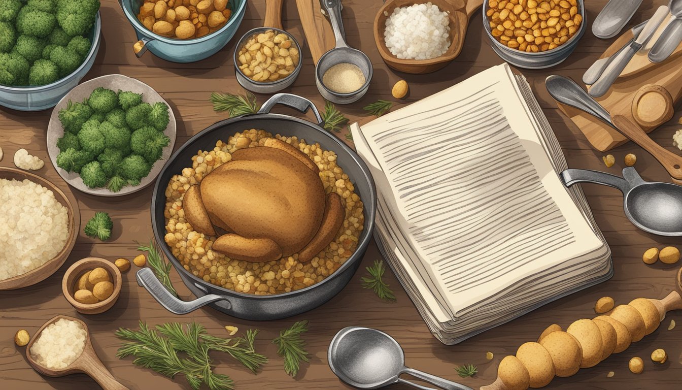 A rustic kitchen with a vintage recipe book open to a page on traditional Texas stuffing, surrounded by fresh ingredients and cooking utensils