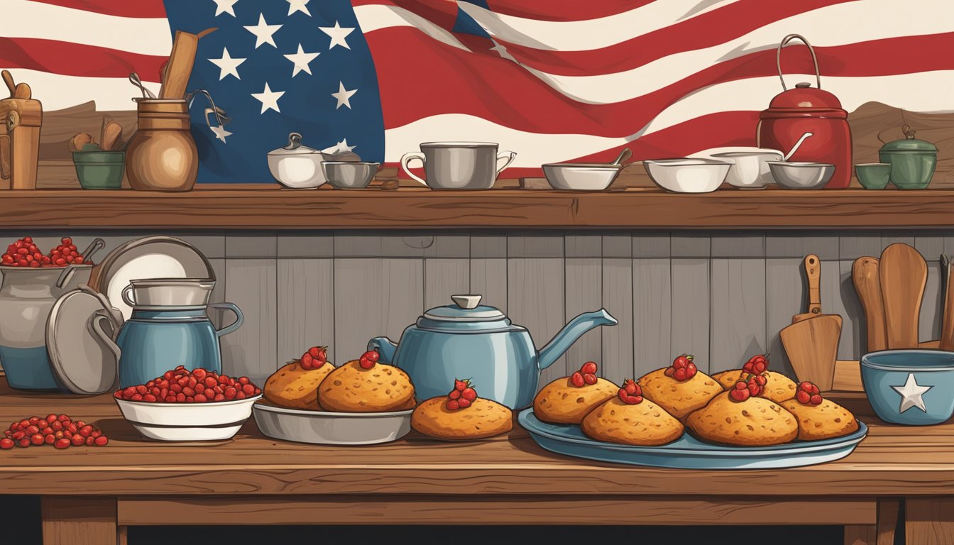 A rustic kitchen with a wooden table holding a tray of Texas-style goji berry muffins, surrounded by cowboy hats and a lone star flag