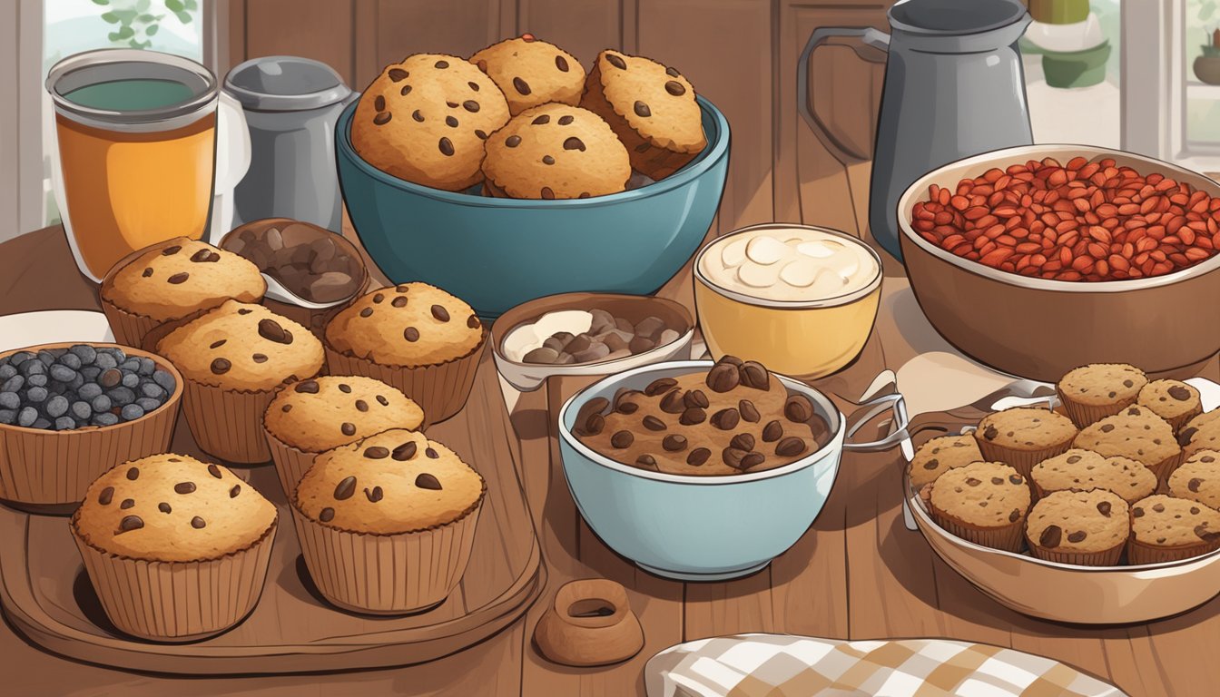 A rustic kitchen counter with a tray of freshly baked Texas style goji berry muffins, surrounded by bowls of additional mix-ins and varieties