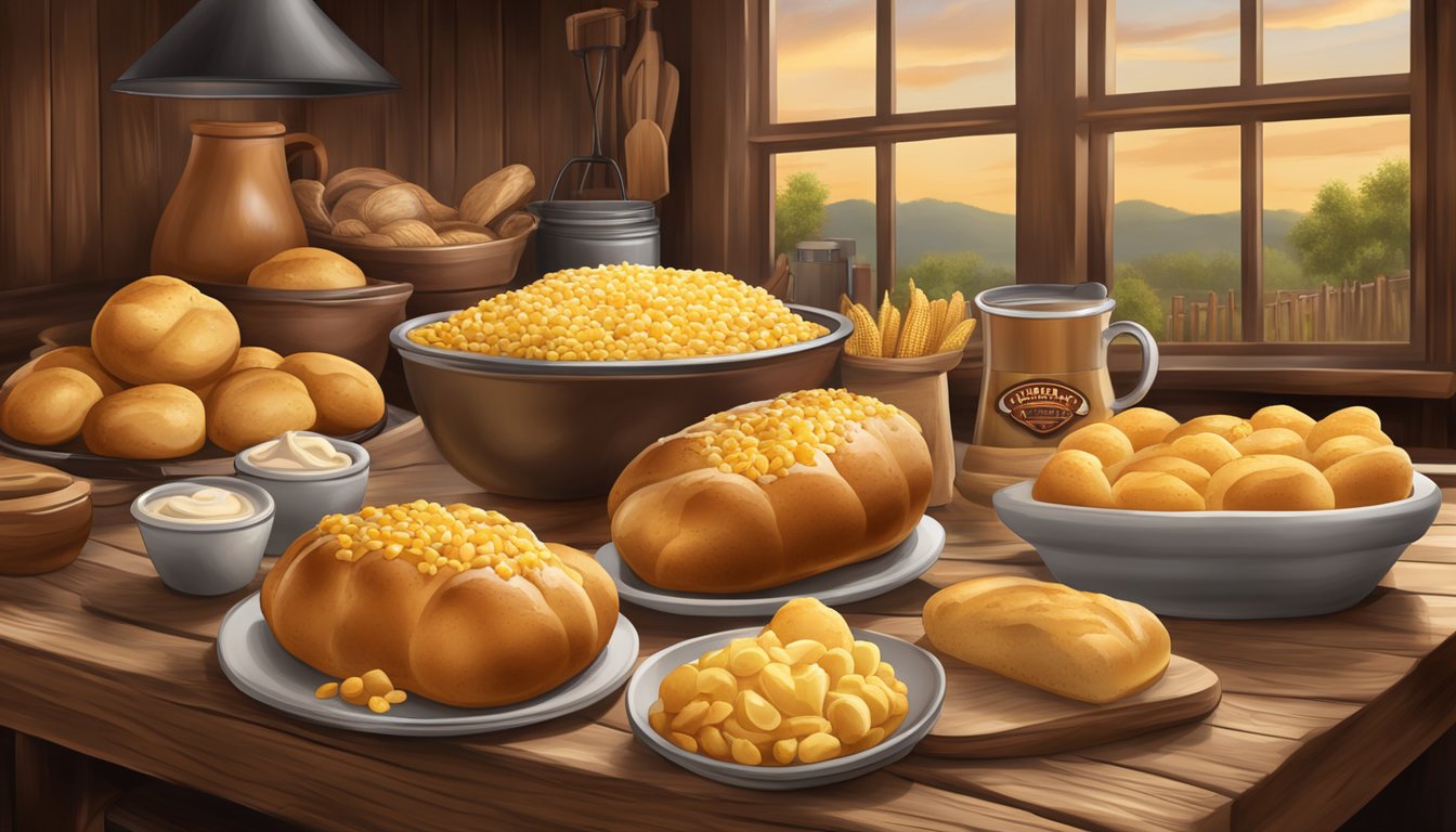 A table set with steaming dishes of loaded baked potatoes, buttery corn, and fluffy yeast rolls, surrounded by the rustic decor of a Texas Roadhouse restaurant