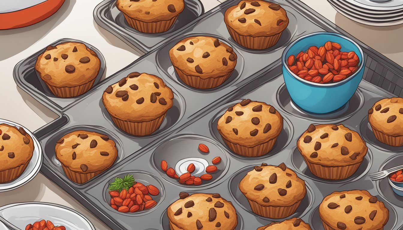 A kitchen counter with a tray of freshly baked Texas-style goji berry muffins, some cracked on top, others sunken in the middle. Ingredients and utensils scattered around