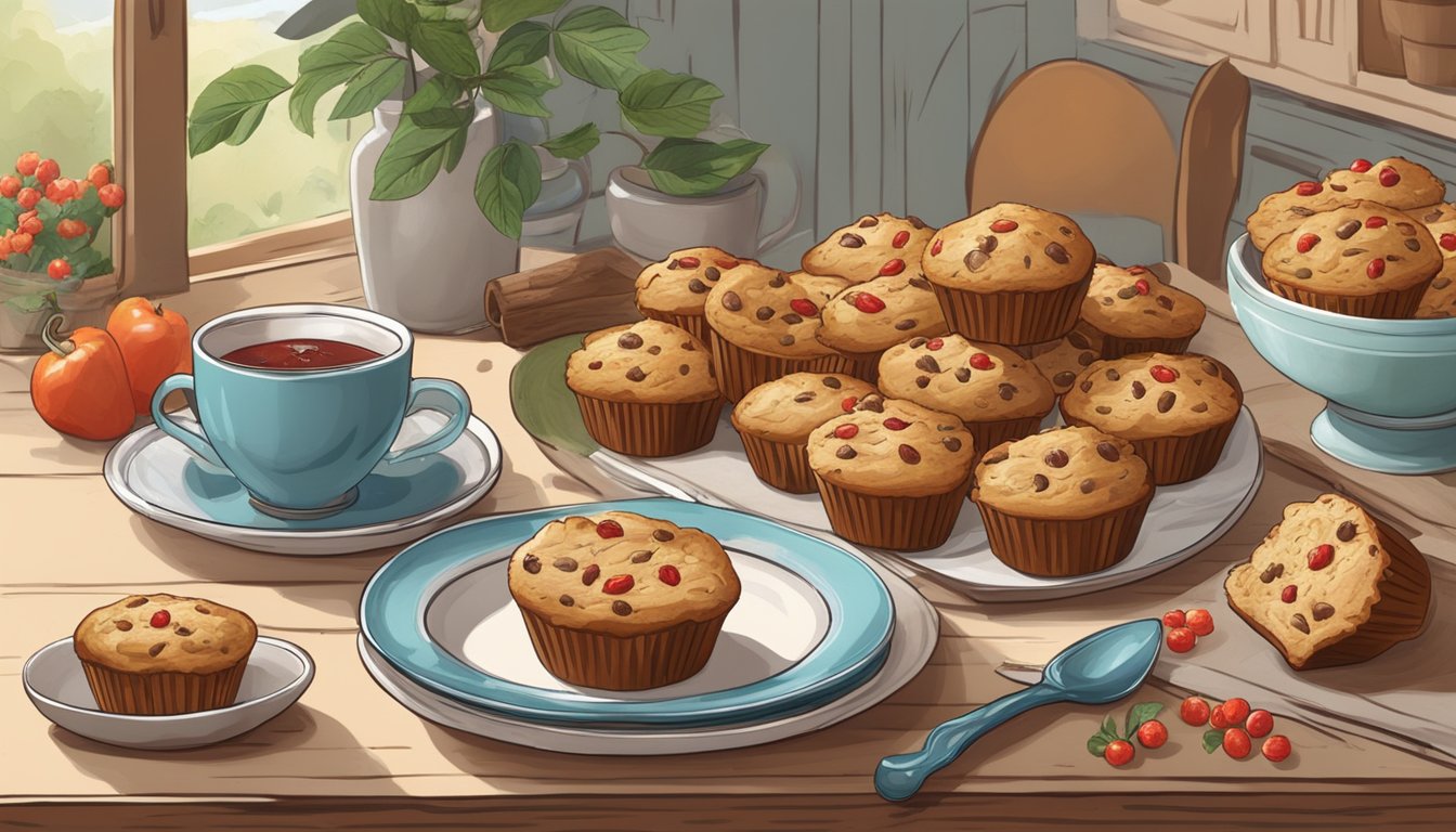 A rustic kitchen table with a plate of freshly baked goji berry muffins, surrounded by a Texas-themed decor