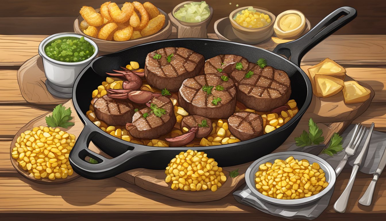 A sizzling skillet of steak and shrimp with a side of loaded baked potatoes and buttery corn on the cob, all arranged on a rustic wooden table