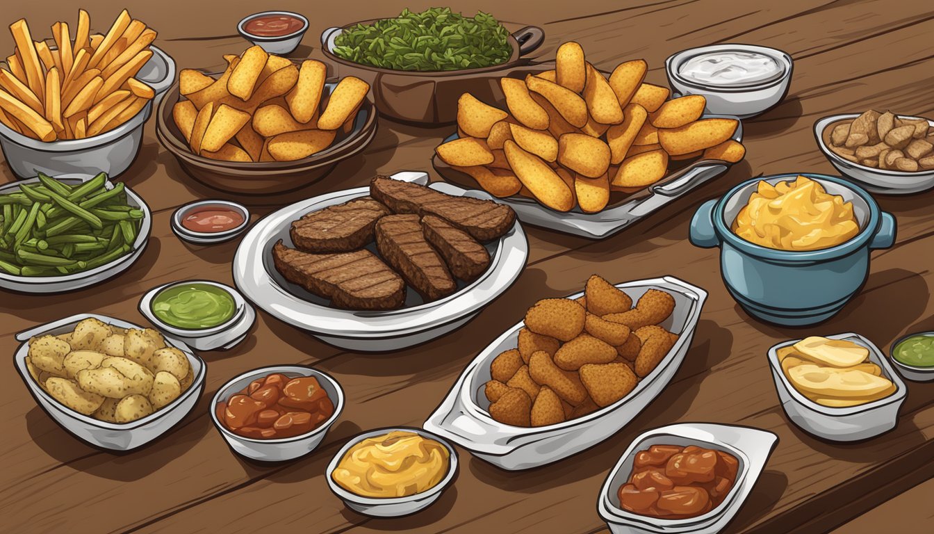 A table set with an assortment of Texas Roadhouse side dishes, including loaded potato skins, fried pickles, and seasoned steak fries