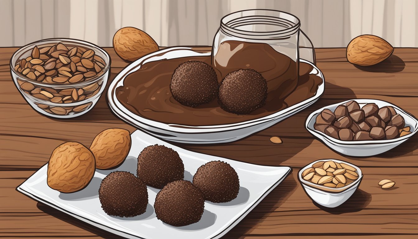 A rustic wooden table with a spread of Texas-style chocolate almond butter truffles, surrounded by scattered almonds and a drizzle of melted chocolate