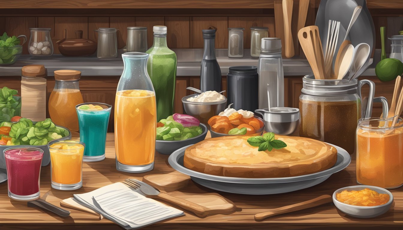 A rustic kitchen counter with an array of colorful signature drinks and Texas Roadhouse side dishes, surrounded by cooking utensils and recipe books