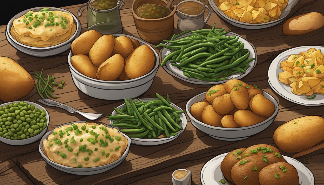 A spread of loaded baked potatoes, buttery rolls, and seasoned green beans on a rustic wooden table