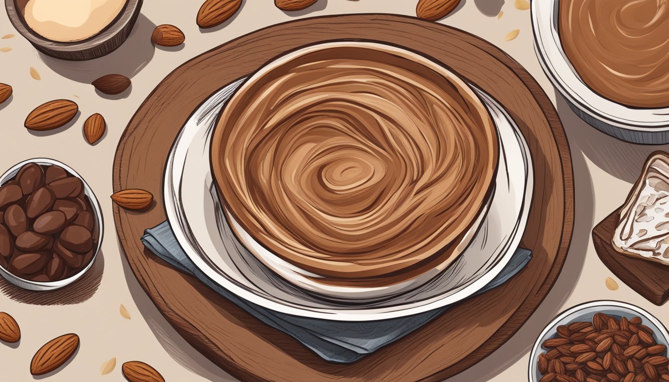 A wooden table with a spread of chocolate, almonds, and other ingredients. A bowl of freshly made almond butter sits in the center