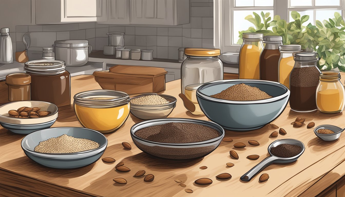 A rustic kitchen counter with ingredients for Texas-style chocolate almond butter truffles: almond butter, cocoa powder, honey, and chopped almonds