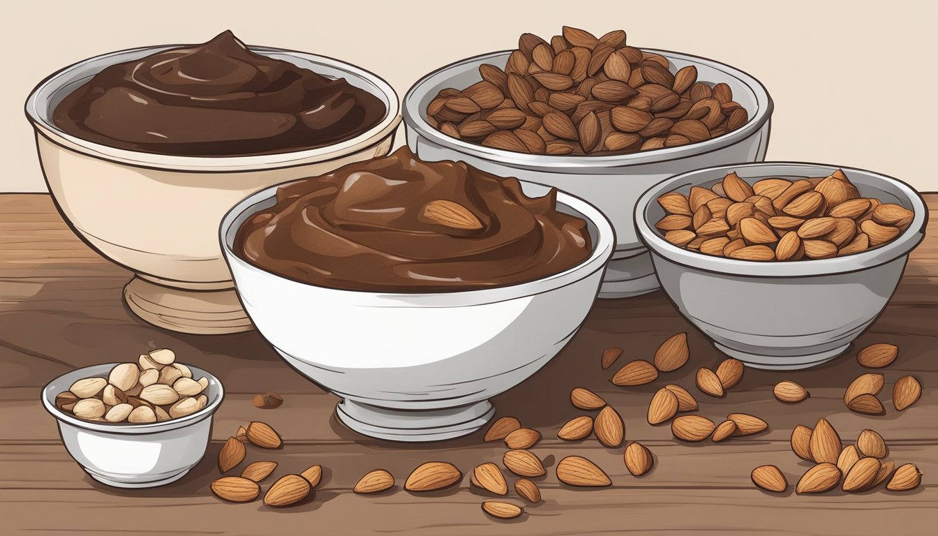 A rustic kitchen counter with bowls of melted chocolate, almond butter, and crushed almonds, surrounded by truffle molds and parchment paper