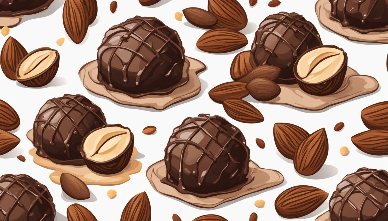 A rustic wooden table displays Texas-style chocolate almond butter truffles, surrounded by scattered almonds and drizzled with melted chocolate