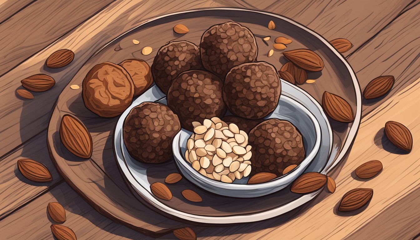 A rustic wooden table with a plate of Texas-style chocolate almond butter truffles, surrounded by scattered almonds and cacao beans