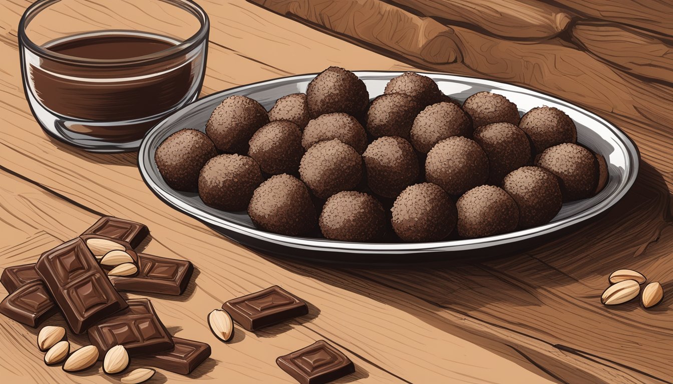 A rustic wooden table displays a plate of Texas-style chocolate almond butter truffles, surrounded by scattered almonds and cacao pods