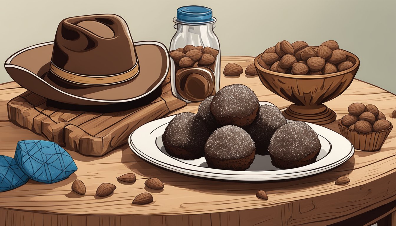 A rustic wooden table with a platter of chocolate almond butter truffles, surrounded by Texas-themed decorations and a cowboy hat