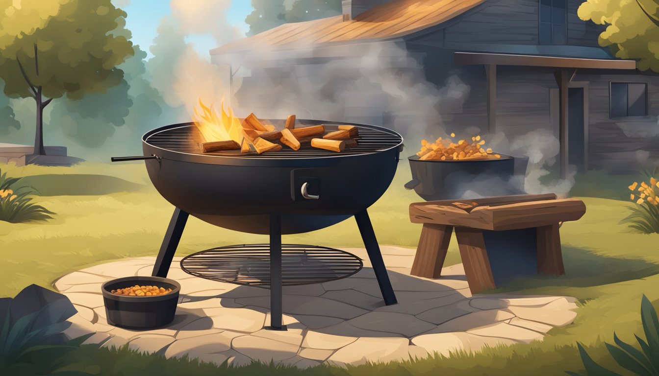 A rustic outdoor barbecue pit with a smoldering fire, surrounded by wood chips and a large smoker emitting fragrant smoke